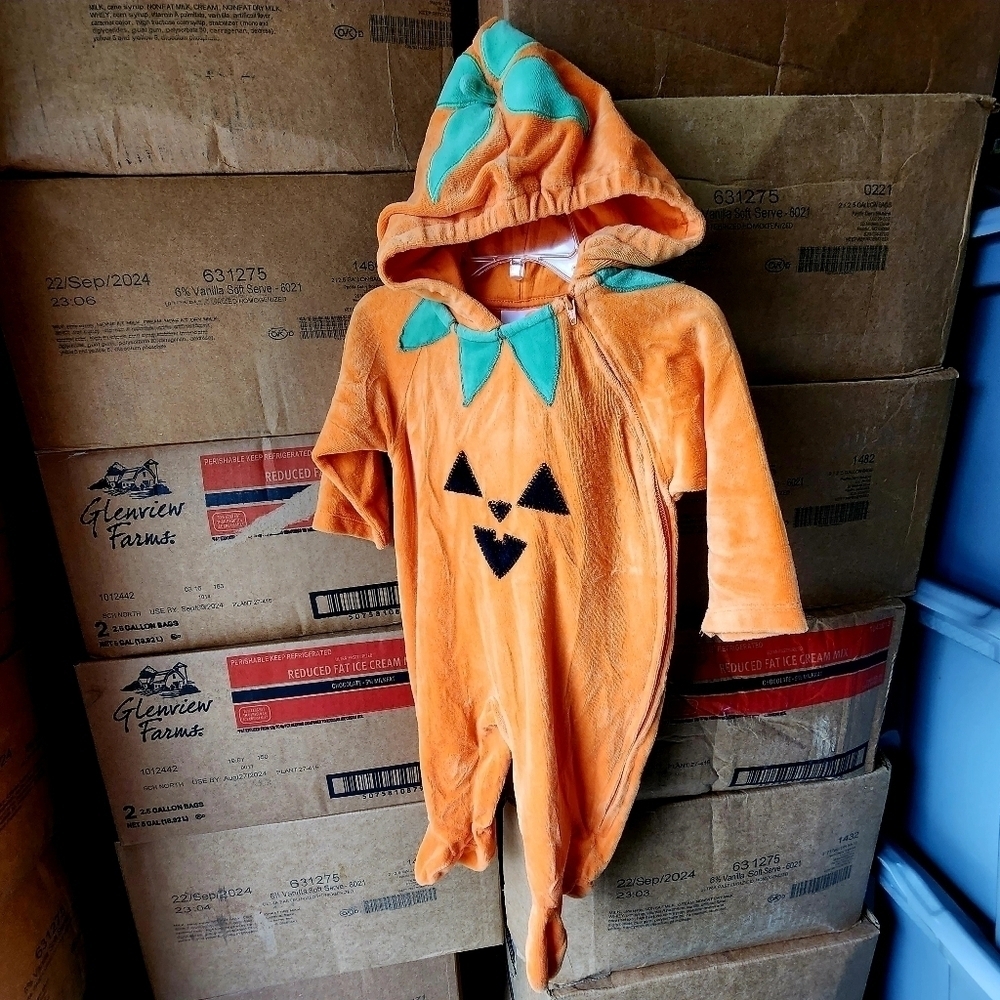 Pumpkin Onsie One Piece Hooded Outfit Jack-O-Lantern Baby Infant Size 6-9M EUC